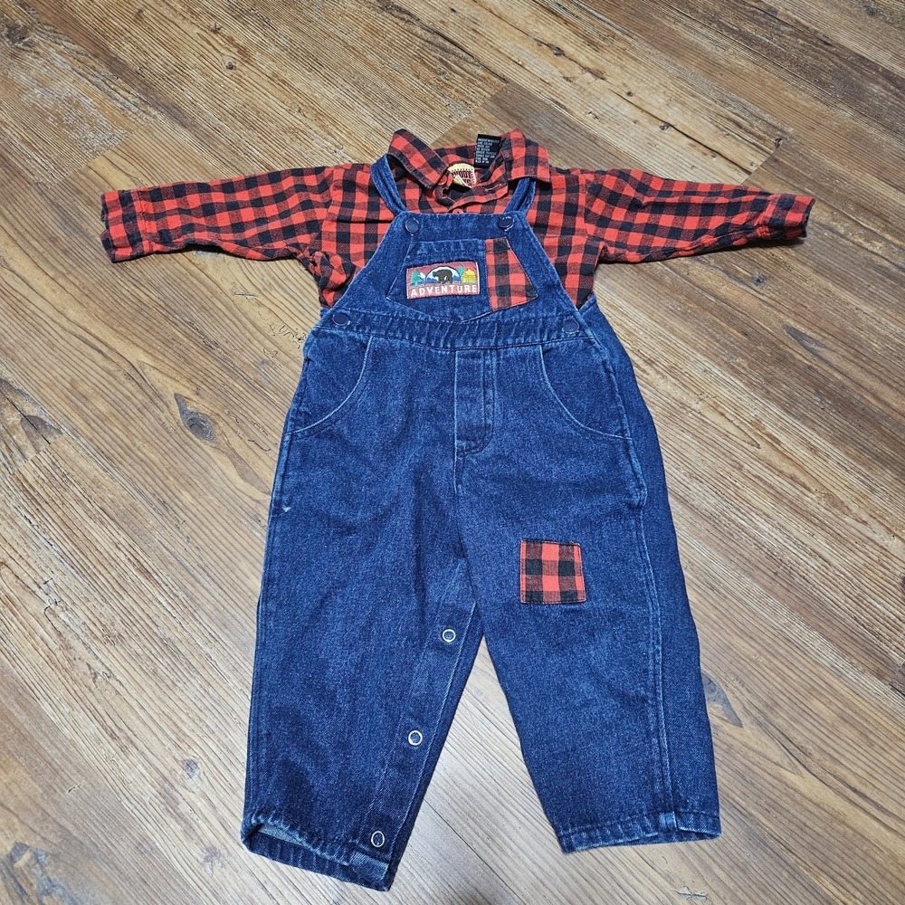 Vintage Buddy Boys Buffalo Plaid Shirt & Denim Jean Overalls 18-24 Months